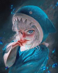 Rule 34 | 1girl, absurdres, animal hood, blue eyes, blue hair, blue hoodie, blush, button eyes, buttons, chmyxo, eyebrows, gawr gura, highres, hololive, hololive english, hood, hoodie, long sleeves, looking at viewer, multicolored hair, nose, nose blush, sharp teeth, slit pupils, solo, streaked hair, teeth, virtual youtuber, white hair