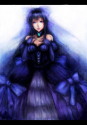 Rule 34 | 1girl, bare shoulders, blue dress, blue eyes, blue hair, blue theme, bridal gauntlets, brooch, choker, corset, dress, gown, hand on own chest, highres, jewelry, letterboxed, matching hair/eyes, open mouth, original, ribbon, sasaki ryou, solo
