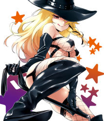 Rule 34 | 1girl, :q, alternate costume, bdsm, blonde hair, boots, braid, breasts, dominatrix, elbow gloves, female focus, fishnet thighhighs, fishnet top, fishnets, from below, gloves, hair over one eye, hat, jewelry, kirisame marisa, large breasts, latex, leg lift, long hair, pasties, red eyes, smile, solo, thighhighs, tongue, tongue out, touhou, whip, witch hat, yurikawa