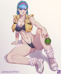 Rule 34 | 1girl, abs, adapted costume, arm support, artist name, arttoru, bare shoulders, bikini, black bikini, blue eyes, blue hair, breasts, bulma, cleavage, closed mouth, commentary, cropped jacket, dragon ball, dragon radar, dragonball z, full body, gradient background, hairband, highleg, highleg bikini, highres, holding, large breasts, lips, looking at viewer, navel, open clothes, red hairband, shadow, shiny skin, shoes, short hair, signature, simple background, sitting, sleeveless, sleeveless jacket, sneakers, socks, solo, stomach, swimsuit, watermark, white socks