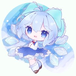 Rule 34 | 1girl, absurdres, blue bow, blue dress, blue eyes, blue hair, bow, chibi, cirno, detached wings, dress, fairy, fairy wings, hair bow, highres, ice, ice wings, inukkomaru, open mouth, pinafore dress, short hair, skirt, sleeveless, sleeveless dress, solo, touhou, white background, wings
