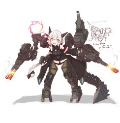 Rule 34 | 1girl, absurdres, autocannon, battle of titans, belt, black cape, black ribbon, braid, cannon, cape, detached sleeves, heterochromia, highres, horns, hozukikasumi, leaning forward, leg belt, long braid, looking at viewer, mecha musume, mechanical hands, mechanical legs, mechanical parts, mechanical tail, mortar (weapon), personification, ribbon, smoke, tail, utility belt, weapon, white background, white hair