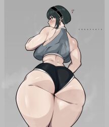 Rule 34 | 1girl, absurdres, artist name, ass, backboob, bare shoulders, black hair, blush, breasts, crop top, curvy, erogearts, from behind, grey background, hairband, heart, highres, huge ass, large breasts, long hair, mature female, muscular, muscular female, narrow waist, red eyes, short shorts, shorts, sleeveless, smile, solo, spy x family, steaming body, sweat, thick thighs, thighs, white hairband, wide hips, yor briar