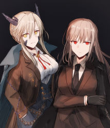 Rule 34 | 2girls, alternate costume, artoria pendragon (fate), artoria pendragon (lancer alter) (fate), artoria pendragon (lancer alter) (formal dress) (fate), bad id, bad pixiv id, black background, black cape, black gloves, black neckwear, black vest, blue skirt, braid, breasts, brown jacket, brown skirt, cape, chihuri, closed mouth, collared shirt, fate/grand order, fate (series), florence nightingale (fate), florence nightingale (formal dress) (fate), gloves, gold trim, grey cape, hair between eyes, hand in pocket, horns, jacket, large breasts, light brown hair, long hair, looking at viewer, medium breasts, multiple girls, necktie, open clothes, open jacket, parted lips, red eyes, shirt, sidelocks, simple background, skirt, smile, underbust, vest, waistcoat, white shirt, yellow eyes