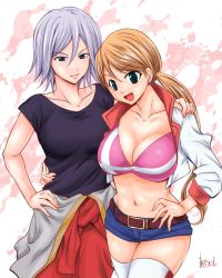 Rule 34 | 2girls, abe tsukumo, azee gurumin, belt, blonde hair, breasts, cleavage, closed mouth, earrings, green eyes, gundam, gundam tekketsu no orphans, heart, heart earrings, jewelry, lafter frankland, large breasts, long hair, looking at viewer, midriff, multiple girls, navel, open mouth, short hair, short shorts, shorts, silver hair, smile, thighhighs, twintails