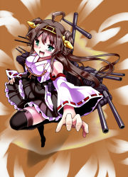 Rule 34 | 10s, 1girl, :d, bare shoulders, black thighhighs, boots, brown hair, detached sleeves, double bun, green eyes, hair bun, hairband, highres, kantai collection, kongou (kancolle), lilish, nontraditional miko, open mouth, pleated skirt, ribbon-trimmed sleeves, ribbon trim, skirt, smile, solo, thigh boots, thighhighs, zettai ryouiki