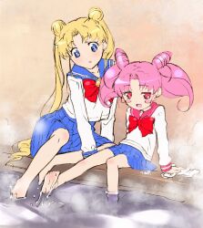 2girls :d :o bare_legs barefoot bishoujo_senshi_sailor_moon blonde_hair blue_eyes blue_sailor_collar blue_skirt blush_stickers bow bright_pupils chibi_usa cone_hair_bun double_bun hair_bun highres himehachi_(hime8manga) long_hair long_sleeves medium_hair miniskirt mother_and_daughter multiple_girls open_mouth pink_hair pink_sailor_collar pleated_skirt red_bow red_eyes sailor_collar school_uniform serafuku shirt sitting skirt smile soaking_feet steam tsukino_usagi twintails very_long_hair water white_pupils white_shirt