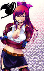 Rule 34 | 1girl, angry, breasts, cleavage, crossed arms, erza scarlet, fairy tail, female focus, gradient background, hair ribbon, highres, long hair, midriff, navel, open mouth, ponytail, red eyes, red hair, ribbon, riochan, skirt, solo, teeth