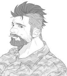 Rule 34 | 1boy, alternate facial hair, bara, beard, call of duty, call of duty: modern warfare 2, dilfborne (ventiskull), facial hair, from side, greyscale, highres, large pectorals, long sideburns, looking at viewer, male focus, mature male, military, military uniform, mohawk, monochrome, muscular, muscular male, mustache, nipples, pectorals, short hair, sideburns, smile, soap (modern warfare 2), solo, stubble, textless version, undercut, uniform, upper body