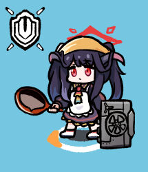 Rule 34 | 1girl, apron, arknights, ascot, blue archive, blue background, chibi, closed mouth, crossover, demon girl, demon horns, dress, frying pan, fuuka (blue archive), hair on horn, head scarf, highres, holding, holding frying pan, horns, long sleeves, orange headwear, panatisia, puffy long sleeves, puffy sleeves, purple hair, red eyes, shield, simple background, solo, standing, white apron