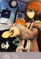 Rule 34 | 1girl, absurdres, blue eyes, brown hair, brown jacket, eating, halftone, highres, holding, huge filesize, huke, indoors, jacket, long hair, looking at viewer, makise kurisu, necktie, official art, open clothes, open jacket, red necktie, shirt, solo, steins;gate, upper body, white shirt