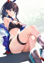 Rule 34 | 1girl, black gloves, black hair, black panties, black skirt, blue eyes, blue jacket, blush, bow, bowtie, breasts, cleavage, collarbone, crop top, gloves, gridman universe, gridman universe (film), highres, jacket, large breasts, ldfe mk2, long hair, long sleeves, looking at viewer, microskirt, miniskirt, navel, open clothes, open jacket, panties, pleated skirt, red bow, red bowtie, sitting, skirt, solo, ssss.gridman, takarada rikka, takarada rikka (solarain toys), thick thighs, thigh strap, thighs, underwear, upskirt