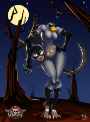 Rule 34 | 1girl, animal ears, barefoot, batman (series), bell, neck bell, black gloves, blue eyes, bodysuit, breasts, cat ears, cat tail, catsuit, catwoman, catwoman (cosplay), collar, contrapposto, cosplay, dark skin, dark-skinned female, dc comics, disembodied head, dustin cantos, elbow gloves, full moon, gloves, hand on own hip, highres, jewelry, long legs, moon, mouth hold, ms. fortune (skullgirls), night, night sky, severed head, skullgirls, sky, solo, standing, tail, wide hips