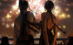 Rule 34 | 2girls, aerial fireworks, arms behind back, backless dress, backless outfit, bare arms, bare shoulders, black dress, black hair, black jacket, black pants, blurry, blurry foreground, braid, building, cityscape, cross, cross earrings, depth of field, dress, earrings, fireworks, from behind, guweiz, hand up, highres, jacket, jacket over shoulder, jewelry, long hair, long sleeves, multiple girls, night, night sky, original, outdoors, pants, ponytail, railing, shirt, single braid, sky, skyscraper, sleeveless, sleeveless dress, unworn jacket, very long hair, white shirt