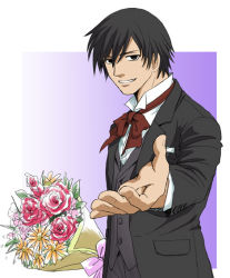 Rule 34 | 1boy, black eyes, black hair, bouquet, bow, bowtie, darker than black, flower, formal, hei (darker than black), male focus, micchy19, outstretched hand, smile, solo, tuxedo
