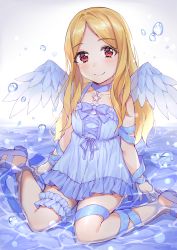 Rule 34 | 1girl, bare shoulders, blonde hair, blue choker, blue dress, blue footwear, blue ribbon, blue wings, blush, bubble, chobi (penguin paradise), choker, closed mouth, collarbone, commentary request, dress, feathered wings, forehead, frilled dress, frills, head tilt, high heels, highres, idolmaster, idolmaster cinderella girls, long hair, mini wings, mochizuki hijiri, parted bangs, red eyes, ribbon, shallow water, shoes, sitting, sleeveless, sleeveless dress, smile, solo, star (symbol), very long hair, wariza, water, wings