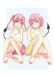 Rule 34 | 2girls, :o, abstract background, artist request, barefoot, bow, breasts, cleavage, demon tail, dress, fang, feet, frilled dress, frills, full body, highres, looking at viewer, medium hair, momo velia deviluke, multiple girls, nana asta deviluke, open mouth, panties, pantyshot, pink bow, pink hair, pink shorts, playing with hair, playing with own hair, purple eyes, shirt, short hair, shorts, siblings, sisters, sitting, smile, soles, tail, tank top, to love-ru, toes, twins, twintails, underwear, white bow, white panties, white shirt, yellow dress