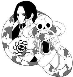 Rule 34 | 1girl, amazon warrior, black hair, boa hancock, breasts, china dress, chinese clothes, cleavage, dress, earrings, female focus, jewelry, jolly roger, long hair, monochrome, one piece, pirate, print dress, salome (one piece), simple background, skull, snake, solo