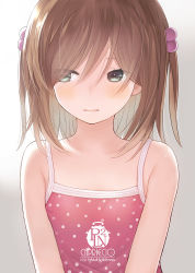 Rule 34 | 1girl, artist name, bare shoulders, blush, brown hair, camisole, capriccio, collarbone, commentary request, gradient background, green eyes, grey background, hair between eyes, hair bobbles, hair ornament, long hair, looking away, looking to the side, original, polka dot, polka dot camisole, red camisole, solo, two side up, upper body, white background