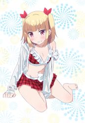 Rule 34 | 1girl, arm support, barefoot, between legs, bikini, bikini skirt, blonde hair, blush, breasts, cleavage, collarbone, dress shirt, embarrassed, groin, hair ribbon, hand between legs, highres, iijima yun, makicha (sasurainopink), navel, new game!, open clothes, open shirt, red bikini, red eyes, red ribbon, red skirt, ribbon, shirt, short hair, sitting, skirt, small breasts, solo, stomach, swimsuit, twintails, two side up, wet, wet clothes, wet shirt, white shirt