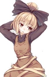 Rule 34 | 1girl, arms behind head, arms up, black bow, blonde hair, bow, brown hair, cowboy shot, hair bow, highres, kurodani yamame, looking to the side, oborofu, open mouth, short hair, simple background, solo, touhou, white background