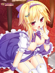 Rule 34 | 1girl, alternate costume, apron, arm at side, blonde hair, blush, bow, breasts, breasts out, company name, copyright name, cowboy shot, cream, cream on breasts, cream on face, cream on leg, crescent, crescent hair ornament, enmaided, eyelashes, eyes visible through hair, finger to mouth, food, food on face, frilled apron, frilled cuffs, frilled skirt, frilled thighhighs, frills, garter straps, hair bow, hair ornament, hairband, hand up, highres, indoors, kin-iro loveriche, lower teeth only, maid, maid apron, maid headdress, medium breasts, medium hair, moribe (rabumanyo), nipples, no bra, no panties, official art, on floor, open clothes, open mouth, open shirt, puffy short sleeves, puffy sleeves, purple bow, purple hairband, purple skirt, purple wrist cuffs, red eyes, saliva, sexually suggestive, shirt, short sleeves, sitting, skirt, solo, souma ria, star (symbol), swept bangs, teeth, thigh gap, thighhighs, thighs, tray, wariza, white apron, white shirt, white thighhighs, wrist cuffs