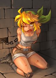 Rule 34 | 1girl, absurdres, bandana, blonde hair, blood, blood from mouth, blood on face, boots, bound, brown shorts, chain, chained, chained wrists, collarbone, green bandana, highres, hip vent, indoors, injury, kasamoto eri, knee pads, long hair, looking at viewer, metal slug, navel, one eye closed, sasisage, seiza, short shorts, shorts, sitting, solo, tank top, white tank top, yellow eyes