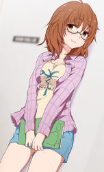 Rule 34 | 10s, 1girl, against wall, ahoge, araki hina, blue shorts, blue skirt, blush, book, breasts squeezed together, breasts, brown hair, closed mouth, collarbone, denim, denim shorts, denim skirt, dutch angle, glasses, holding, holding book, idolmaster, idolmaster cinderella girls, indoors, jacket, leaning, looking to the side, medium breasts, medium hair, messy hair, pink jacket, plaid, plaid jacket, semi-rimless eyewear, shirt, shorts, skirt, smile, solo, t-shirt, under-rim eyewear, v arms, yellow eyes, yellow shirt, yuuhi (at-speakeasy)