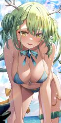 Rule 34 | 1girl, absurdres, al ryude, antlers, bare shoulders, beach, bikini, blue bikini, blue ribbon, blue sky, blush, braid, braided bangs, branch, breasts, ceres fauna, cleavage, cloud, commentary, day, english commentary, front-tie bikini top, front-tie top, green hair, highres, holocouncil, hololive, hololive english, horns, jewelry, large breasts, leaning forward, long hair, looking at viewer, mole, mole under eye, navel, ocean, open mouth, outdoors, ribbon, side-tie bikini bottom, sky, smile, solo, standing, swimsuit, virtual youtuber, water, yellow eyes