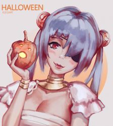 Rule 34 | 1girl, artist name, asymmetrical bangs, blue hair, bracelet, breasts, closed mouth, commentary, english text, fangs, food, gold, hair over one eye, halloween, highres, holding, holding food, holding pumpkin, holding vegetable, jack-o&#039;-lantern, jewelry, klegsart, lips, lipstick, looking at viewer, makeup, medium breasts, original, puffy short sleeves, puffy sleeves, pumpkin, red lips, short sleeves, solo, twintails, vegetable