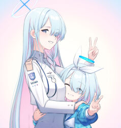 Rule 34 | 2girls, arona (blue archive), blue archive, blue hair, bow, bow hairband, braid, colored inner hair, cropped jacket, epaulettes, general student council president (blue archive), grin, hairband, halo, highres, hug, jacket, junu (jwoo5627), korean text, long hair, long sleeves, looking at viewer, multicolored hair, multiple girls, one eye closed, pink hair, purple eyes, short hair, simple background, smile, translated, two-tone hair, upper body, voice actor connection, white bow, white hairband, white jacket