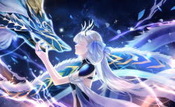 1girl arms_up bare_arms blue_ribbon chinese_commentary closed_eyes colored_eyelashes commentary_request dragon eastern_dragon eastern_dragon_horns expressionless from_side glowing_horns hair_ribbon highres horns ipad947064 jinhsi_(wuthering_waves) jue_(wuthering_waves) long_hair nebula night night_sky profile ribbon sky solo star_(sky) upper_body very_long_hair white_hair wuthering_waves