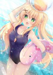 Rule 34 | 1girl, 2023, :o, arm up, ball, bare arms, beachball, blonde hair, blue one-piece swimsuit, blush, breasts, colored eyelashes, commentary request, cowboy shot, dated commentary, day, dutch angle, eyelashes, eyes visible through hair, floating hair, green eyes, hair between eyes, hair intakes, hair ornament, happy, highres, holding, holding ball, holding beachball, holding stuffed toy, light particles, long hair, looking at viewer, ocean, one-piece swimsuit, open mouth, outdoors, sidelocks, signature, small breasts, solo, standing, stuffed dinosaur, stuffed toy, summer pockets, sunlight, swimsuit, tsumugi wenders, twintails, ura (ura-tennislove), very long hair, whistle, whistle around neck, x hair ornament