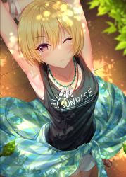 Rule 34 | 1girl, armpits, bare arms, bare shoulders, black shirt, blonde hair, blurry, blurry foreground, blush, breasts, closed mouth, clothes around waist, clothes writing, collarbone, commentary request, depth of field, english text, from above, hair between eyes, idolmaster, idolmaster shiny colors, leaf, looking at viewer, looking up, one eye closed, plaid, red eyes, saijo juri, shirt, short shorts, shorts, sleeveless, sleeveless shirt, small breasts, solo, white shorts, yunagi amane