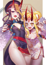 Rule 34 | 2girls, :d, alternate hairstyle, black nails, blonde hair, braid, braided hair rings, breasts, china dress, chinese clothes, claws, cleavage, cleavage cutout, clothing cutout, double bun, dress, fang, fangs, fate/grand order, fate (series), hair bun, hair rings, hat, horns, ibaraki douji (fate), jiangshi, looking at viewer, multiple girls, nail polish, no panties, oni, onigiri-kun (demmy), open mouth, pointy ears, purple eyes, purple hair, purple headwear, qingdai guanmao, red horns, red nails, shuten douji (fate), shuten douji (festival outfit) (fate), sidelocks, skin-covered horns, small breasts, smile, teeth, thighs, yellow eyes