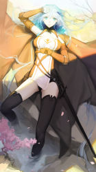 Rule 34 | 1girl, armor, bare shoulders, blue eyes, blue hair, blush, bow, breasts, cape, cherry blossoms, collar, commentary request, detached sleeves, feathers, from above, hair spread out, highres, long hair, long legs, looking at viewer, lying, matching hair/eyes, nero (nilu), on back, original, partially translated, pixiv fantasia, pixiv fantasia t, ribbon, shadow, sheath, sheathed, smile, soaking feet, solo, sword, text focus, thighhighs, translation request, very long hair, weapon
