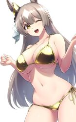 Rule 34 | alternate costume, animal ears, bikini, brown hair, collarbone, commentary request, hair between eyes, hair ornament, highres, horse ears, horse girl, horse tail, looking at viewer, navel, one eye closed, open mouth, pataneet, satono diamond (umamusume), simple background, swimsuit, tail, umamusume, white background, yellow eyes