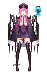 Rule 34 | 1girl, black footwear, blue eyes, boots, breasts, coat, coat on shoulders, creature, detached collar, floating, floating object, fur-trimmed coat, fur trim, gun, hat, high-waist skirt, highres, hoshina rulia, indie virtual youtuber, long hair, looking at viewer, medium breasts, multicolored hair, munuu, necktie, open mouth, pink hair, purple skirt, red necktie, simple background, skirt, solo, standing, streaked hair, thigh boots, thigh strap, thighhighs, virtual youtuber, weapon, white background