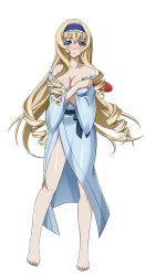 Rule 34 | 10s, 1girl, barefoot, blonde hair, blue eyes, blue hairband, breasts, cecilia alcott, cleavage, collarbone, drill hair, eyebrows, feet, full body, hairband, highres, infinite stratos, japanese clothes, kimono, long hair, looking at viewer, medium breasts, off shoulder, paddle, robe, shiny skin, smile, solo, table tennis paddle, transparent background, yukata