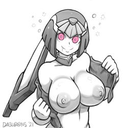 Rule 34 | 1girl, android, breasts, drooling, excited, helmet, highres, large breasts, fairy leviathan (mega man), looking at viewer, mega man (series), mega man zero (series), monochrome, nipples, pink eyes, presenting, rivrider, short hair, smile, solo, tagme, upper body, wide eyes