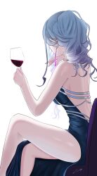 Rule 34 | 1girl, absurdres, ak-12 (girls&#039; frontline), ak-12 (quiet azure) (girls&#039; frontline), alcohol, backless dress, backless outfit, black dress, breasts, crossed legs, cup, dress, drinking glass, earrings, gincho, girls&#039; frontline, grey hair, hand on own chin, highres, holding, holding cup, jewelry, long hair, official alternate costume, sideboob, simple background, sitting, solo, white background, wine, wine glass