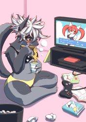 Rule 34 | 1girl, blue eyes, chopstick, console, dog, eating, food, furry, furry female, magazine (object), noodles, ramen, short hair, solo, television, unousaya, white hair