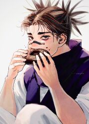Rule 34 | 1boy, 28cg, absurdres, blurry, brown eyes, brown hair, choso (jujutsu kaisen), depth of field, double bun, doughnut, eating, facial tattoo, feet out of frame, food, hair bun, highres, jujutsu kaisen, looking at viewer, male focus, pants, purple scarf, robe, scarf, sitting, solo, sweets, tattoo, white background, white pants, white robe