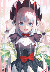 Rule 34 | 1girl, :d, absurdres, alternate costume, black dress, blue eyes, blue hair, blunt bangs, bow, bowtie, claw pose, commentary, cowboy shot, dress, dress bow, eyebrow cut, frilled dress, frills, gawr gura, gothic lolita, hair ornament, highres, hololive, hololive english, lolita fashion, long hair, looking at viewer, multicolored hair, open mouth, red bow, red bowtie, shark hair ornament, sharp teeth, shrug (clothing), smile, solo, streaked hair, teeth, traditional bowtie, two side up, upper teeth only, virtual youtuber, wannatchears, white hair, wrist cuffs
