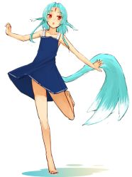 Rule 34 | 1girl, :o, animal ears, bare arms, bare legs, bare shoulders, barefoot, blue dress, blue hair, blush, carbuncle (final fantasy), commentary request, dress, facial mark, final fantasy, forehead mark, full body, highres, looking at viewer, open mouth, original, outstretched arms, pen (pen3), personification, red eyes, short hair with long locks, simple background, solo, spread arms, standing, standing on one leg, tail, white background