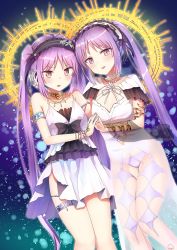 Rule 34 | 2girls, armlet, breasts, brown eyes, choker, cleavage, collarbone, dress, dutch angle, euryale (fate), euryale (third ascension) (fate), fate/grand order, fate/hollow ataraxia, fate (series), hairband, jewelry, lolita hairband, long hair, looking at viewer, multiple girls, necklace, open mouth, panties, piripun, purple eyes, purple hair, purple panties, see-through, short dress, siblings, sisters, sleeveless, sleeveless dress, small breasts, standing, stheno (fate), stheno (third ascension) (fate), thigh strap, thighs, twins, twintails, underwear, white dress