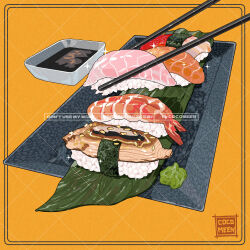 Rule 34 | artist name, chopsticks, cocomeen, fish (food), food, food focus, mamezara, nigirizushi, no humans, original, plate, rice, soy sauce, sushi, wasabi