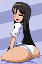 Rule 34 | 1girl, arched back, ass, ass focus, bigdead, black hair, blouse, blue background, breasts, fang, from behind, hair ornament, hairclip, highres, huge ass, ijiranaide nagatoro-san, long hair, looking at viewer, medium breasts, nagatoro hayase, open mouth, panties, shirt, short sleeves, sitting, smile, solo, two-tone background, underwear, white panties, white shirt, yellow eyes