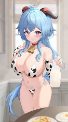 Rule 34 | 1girl, absurdres, ahoge, animal print, bare shoulders, bell, belt collar, bikini, blurry, blurry background, blush, bottle, breasts, bridal gauntlets, cleavage, closed mouth, collar, collarbone, commentary request, cow print, cowbell, elbow gloves, ganyu (genshin impact), genshin impact, gloves, goat horns, groin, halterneck, hand on own chest, highleg, highleg bikini, highres, holding, holding bottle, horns, indoors, large breasts, legs together, long hair, looking at viewer, low ponytail, milk bottle, navel, neck bell, purple eyes, side-tie bikini bottom, solo, standing, stomach, string bikini, swimsuit, table, thighs, uka (315302627)