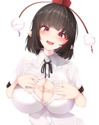 Rule 34 | 1girl, bad id, bad twitter id, black hair, black ribbon, blush, breasts, cleavage, collared shirt, commentary request, hands on own chest, hat, highres, karatakewari, large breasts, looking at viewer, open mouth, paizuri invitation, pointy ears, pom pom (cheerleading), pom pom (clothes), red eyes, ribbon, shameimaru aya, shirt, short hair, simple background, smile, solo, standing, tokin hat, touhou, upper body, white background, white shirt